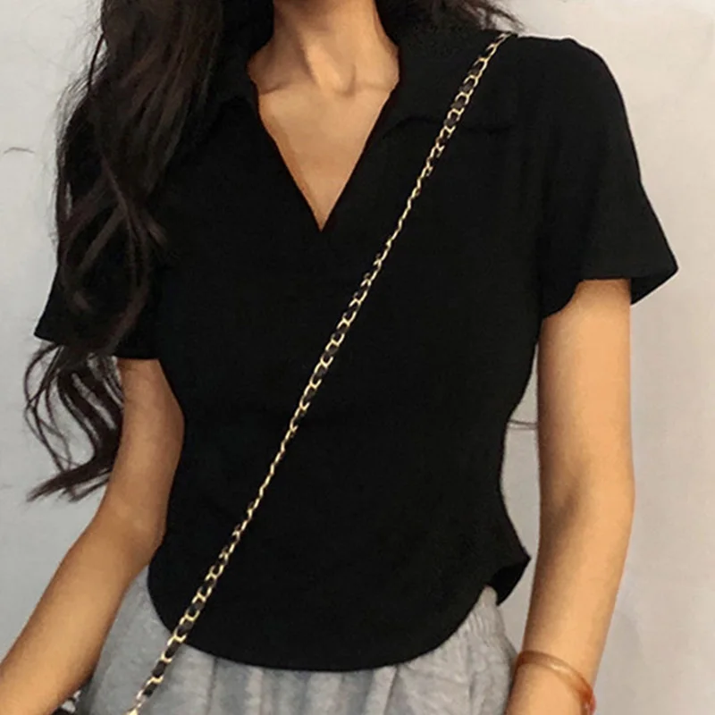 Sommer Kurzarm Revers Top Frauen Solide V-ausschnitt Pullover Retro Süße Shirts Heiße Mädchen Crop Top Weibliche Dünne Vielseitig t – Detail 7