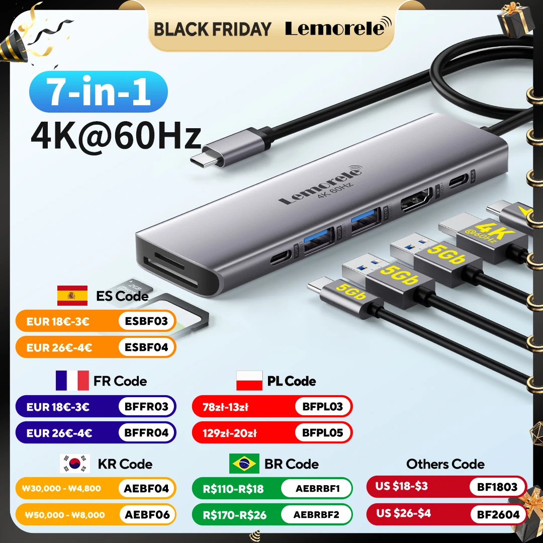 

Lemorele TC45L Порты 7-в-1 USB 3.0 Hub Type C 3.0 Быстрое зарядное устройство 4k@60HZ HDMI USB C Док-станция для Windows MacOS ноутбука Dell