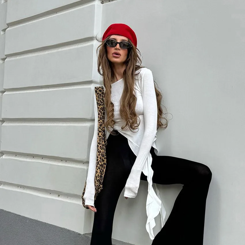 

Женская облегающая футболка с круглым вырезом из белого трикотажа, с асимметричным сексуальным дизайном, коллекция Весна/Лето 2026