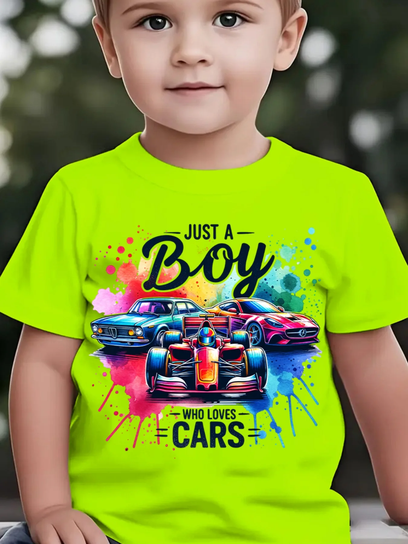 Summer Children's Fashionable Short Sleeved JUST A BOY WHO LOVES CARS Three Color Car Element Printed Casual Parent-child Top
