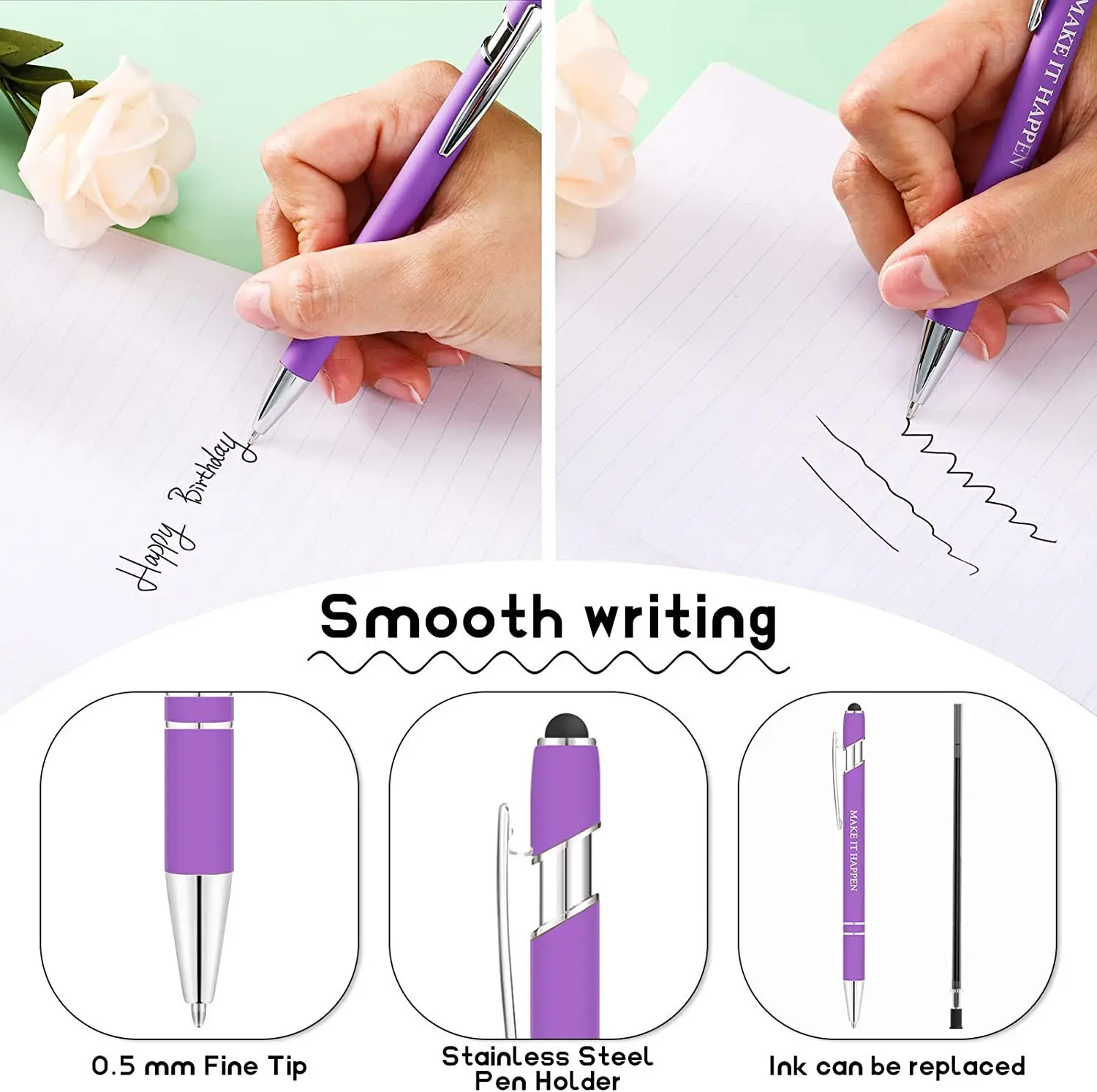 Canetas esferográficas com ponta Stylus, inspirador, Cotações Escritório, toque Stylus Pen, tinta preta, encorajando Escrituras, 12 pcs