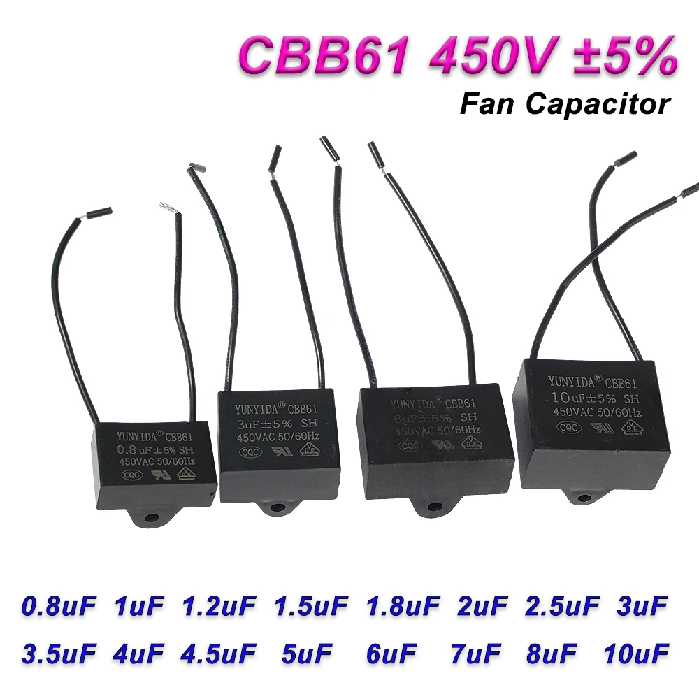 Hochwertiger CBB61 Lüfterkondensator 450 V 5 % 0,8/1/1,2/1,5/1,8/2/2,5/3/3,5/4/4,5/5/6/7/8/10 UF für Deckenventilatoren CBB 61