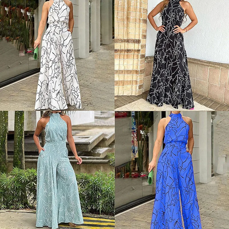 

Spring Summer Printed Sleeveless Wide Leg Jumpsuit Overall Pants Playsuit Elegant Sexy Tops