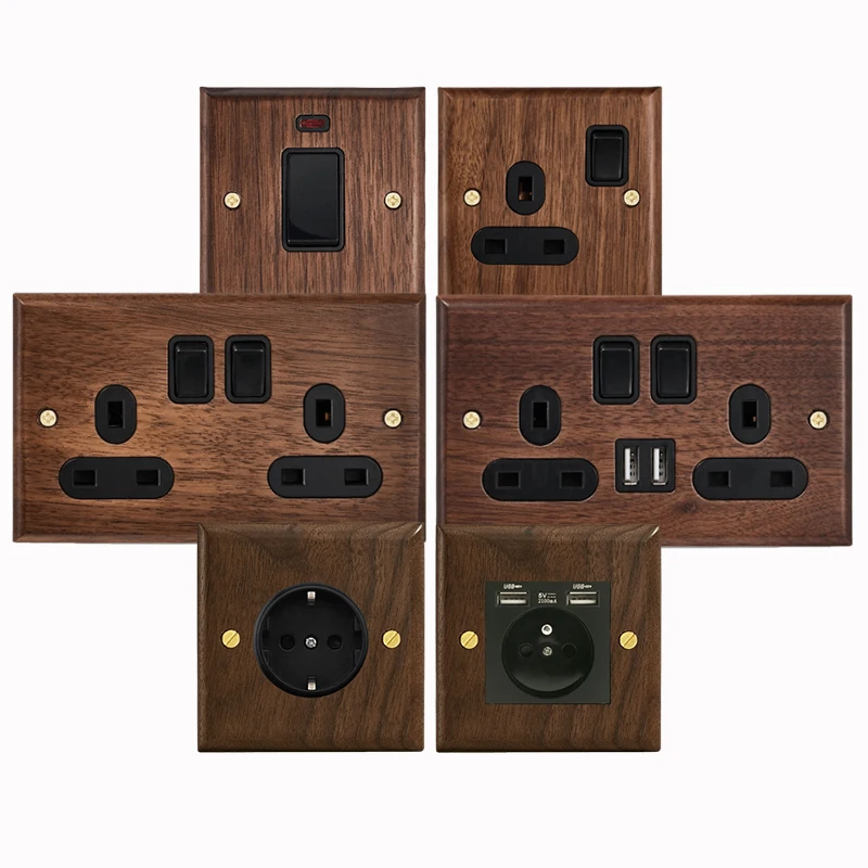 Vintage Wood Grain Socket Wood Panel Switches with Black Walnut Wood and Brass Lever, Retro 86 Style EU Bidirectional Switch