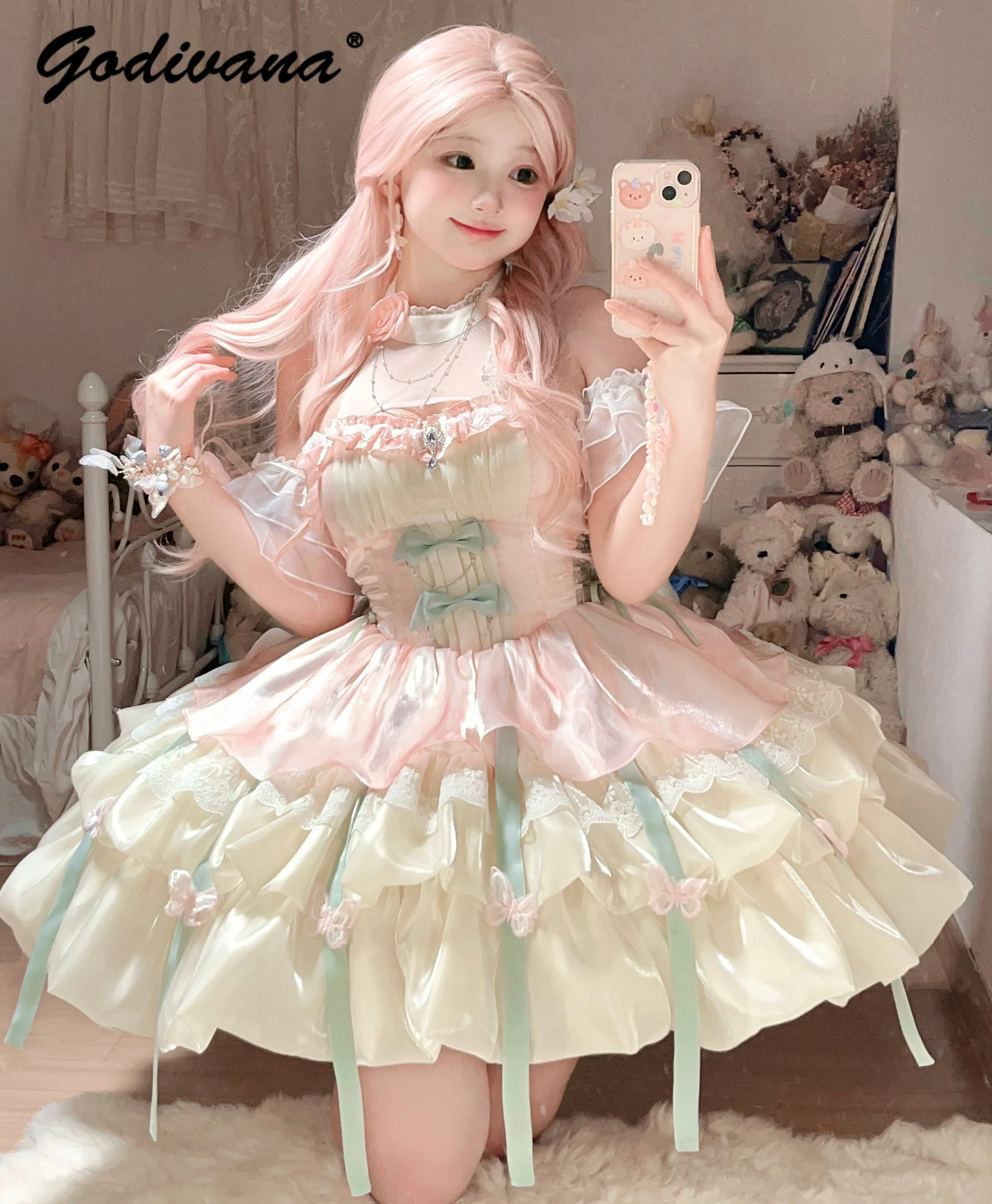 

New Summer Lolita Princess Dress Girl Women's Back Big Bow Tailing Halter Spaghetti Straps Short Pettiskirt Fairy Party Dress