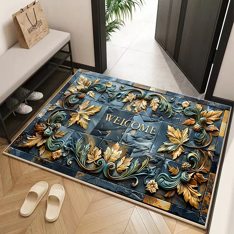 1PC Luxurious 3D Embossed Stone & Botanical Embossed Welcome Mat - Non-Slip, Waterproof, for Entryway, Living Room, Bathroom 영빈석