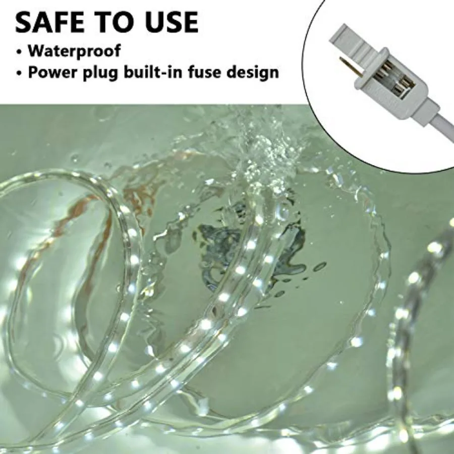 50Feet LED Rope Lights Outdoor Waterproof 110V Flexible Daylight Bright Lighting Cuttable Connectable Cool Clear Flat Strip Lig