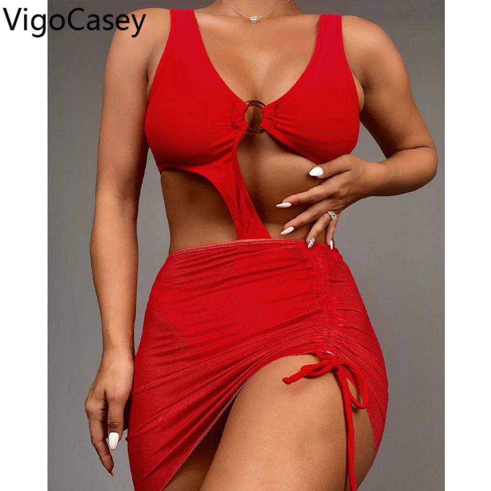 

VigoCasey 2024 Solid Strapped Swimwear Women Sexy Push Up Hollow High Waist Cut One Piece Swimsuit Monokini Summer Bathing Suit