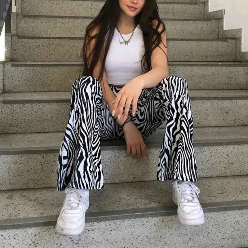 Fashionable Zebra Print Bell Bottom Pants High Waist Women's Casual Trousers Sexy Y2K Style Summer 2024 New Arrival