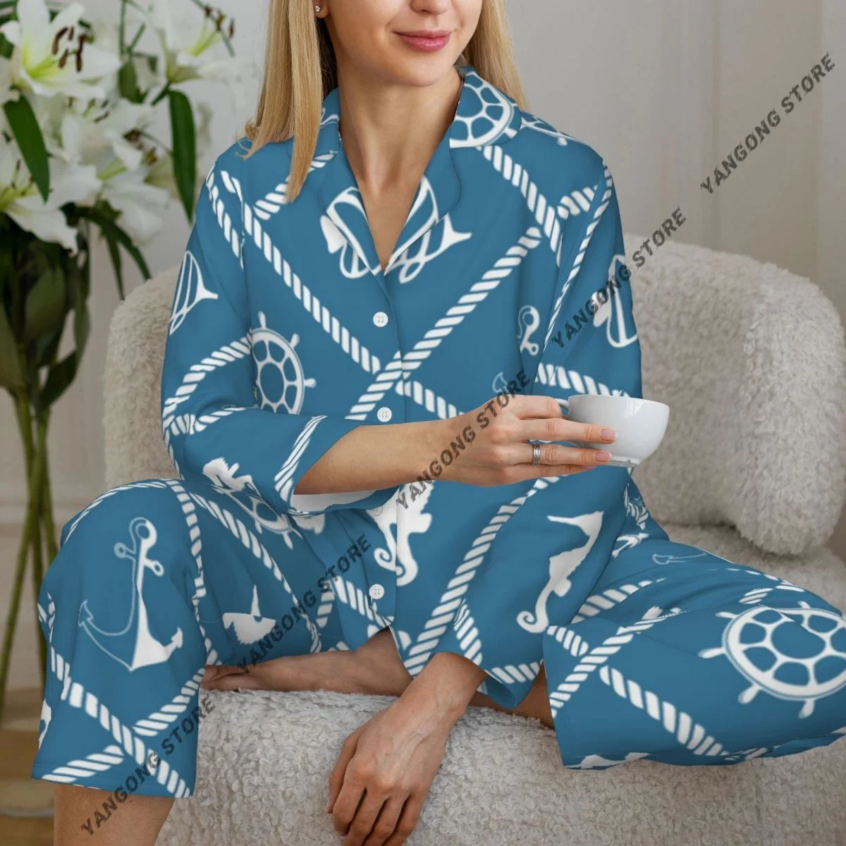 

Women's Pajamas Long-sleeved Girl Loungewear Two-piece Set Nautical Rope Knot Pattern Pajamas for Autumn Spring