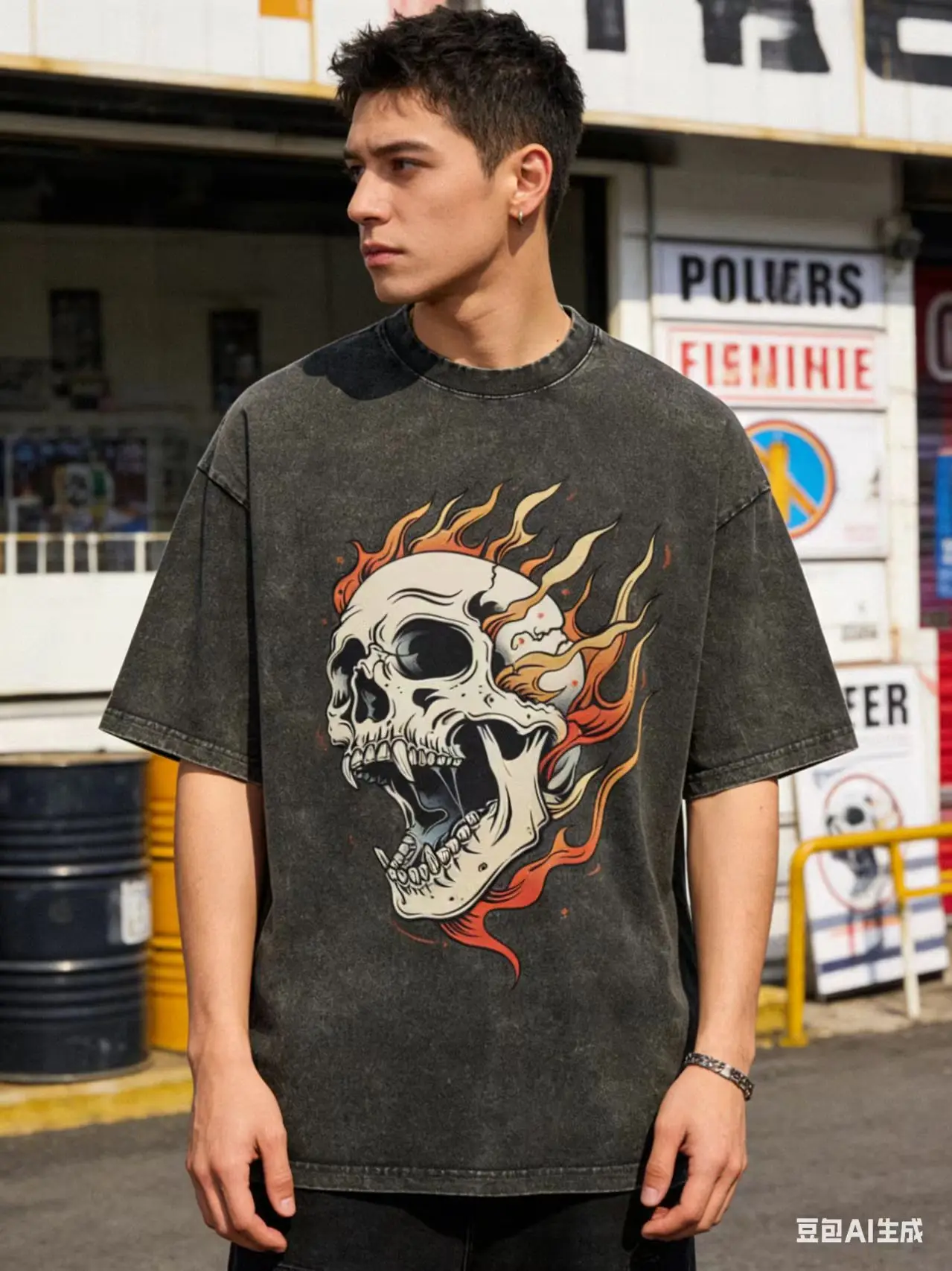 Flame Skull Printed Dark Street Style Washed Black Hip Hop Gothic Tshirts Women and Men Short Sleeve Cotton Y2k Punk Style Tees