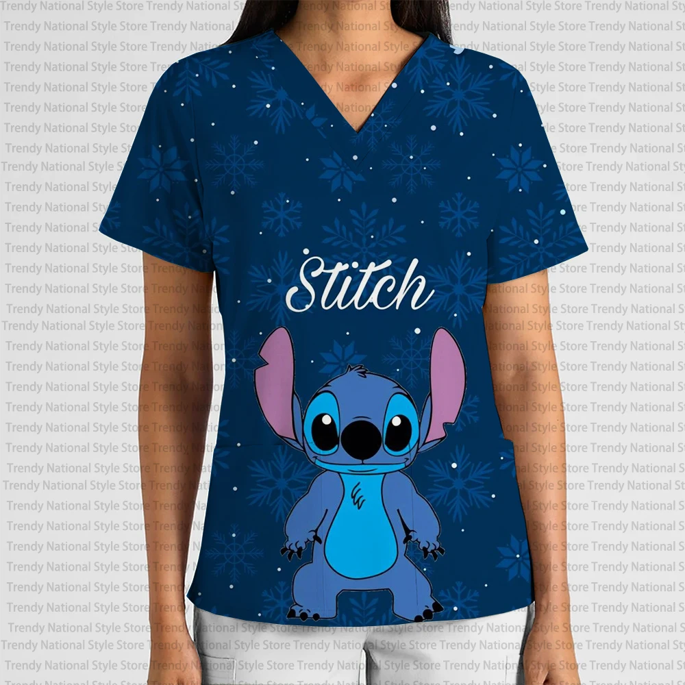 أزياء المرأة الأنيقة العمل موحدة متجمد الأعلى الخامس الرقبة جيب تي شيرت رائعة ديزني عيد الميلاد غرزة تي شيرت مطبوع