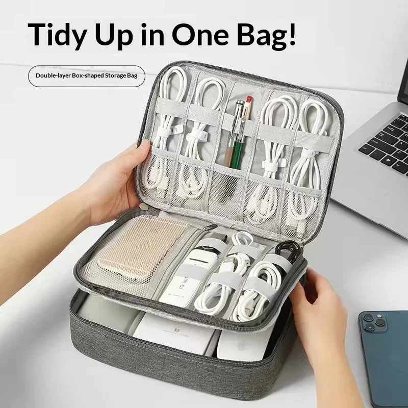 Portable Double-Layer Organizer Bag for Data Cables, Power Banks, and Charging Cables – Travel Storage for Digital Accessories