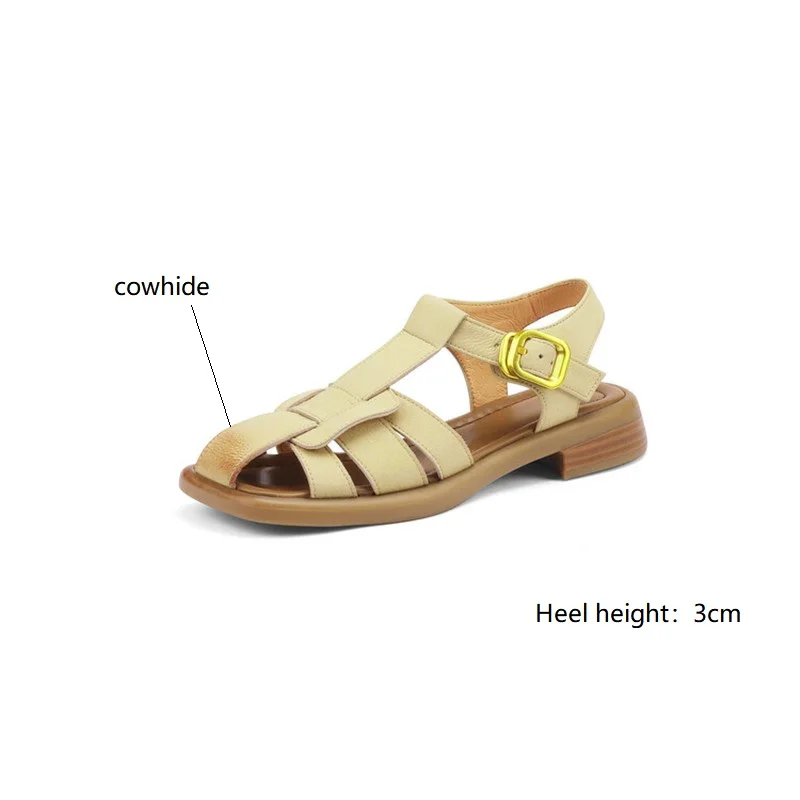 2023 New Summer Sandals Split Leather Low Heels Woman Shoes Chunky Heel Square Toe Sandals Shoes Handmade Casual Women Pumps