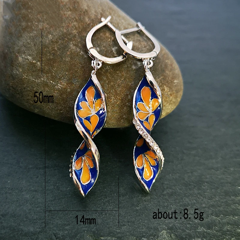 Fashion Twist Spiral Navy Blue Enamel Dangle Earring Trendy Whirl Metal Orange Petals Leaf Flower Earrings Jewelry