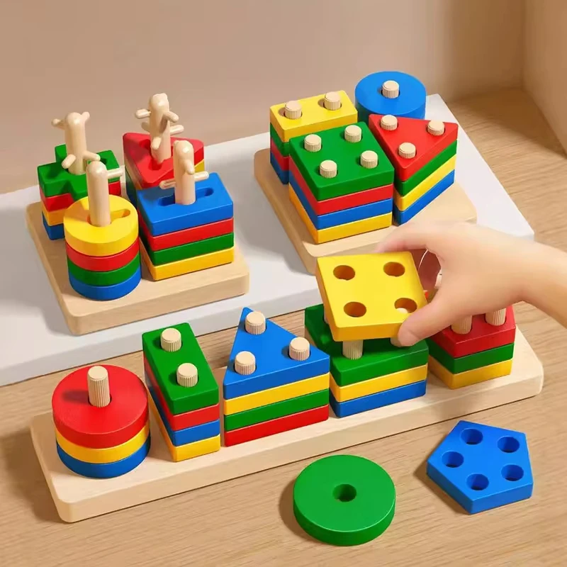 Brinquedos Montessori de Blocos de Madeira, Quebra-Cabeça de Formas Geométricas para Crianças, Brinquedos de Empilhamento de Blocos de Cores para Bebês