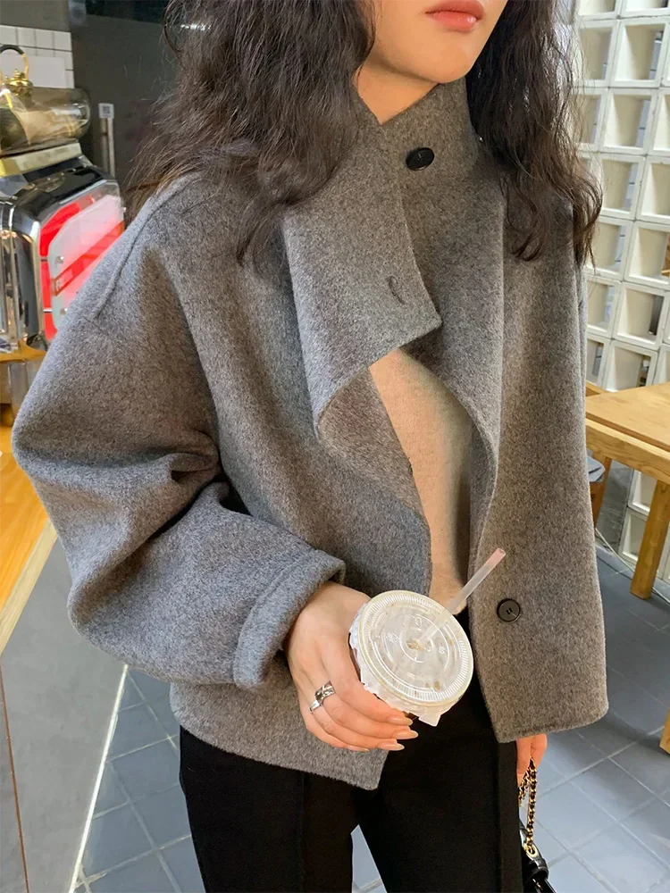 New Winter Wool Coat Short Women Fashion Autumn Stand Collar Single Breasted Double-sided Woolen Coat Female Warm Loose Overcoat