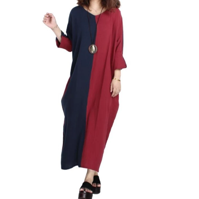 

New 2024 Summer Autumn women cotton linen long dress, loose casual long sleeve patchwork dress, women dress -