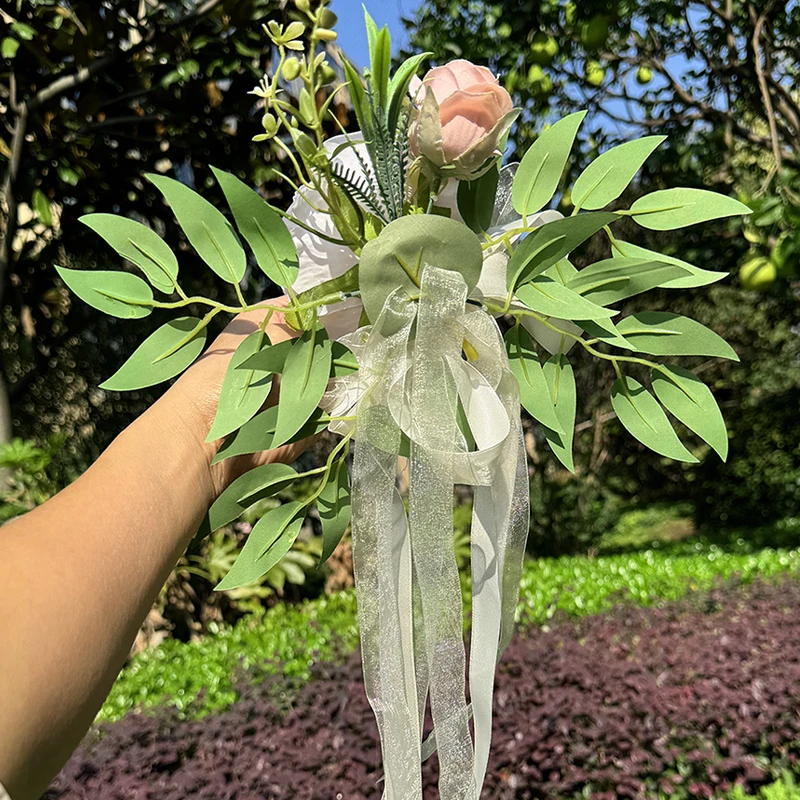 1PC Wedding Car Rearview Mirror Flower Artificial Rose Ribbon Wedding Aisle Backrest Flower Decoration Simulation Flower