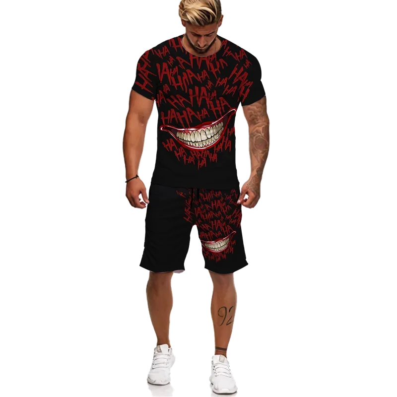 Summer New Fashion 2-Piece Sportswear Set for Men\'s Plus Size Clothes Joker Smiling Face 3D Printing T-shirt Shorts Set