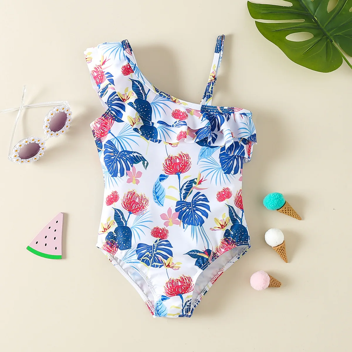 2024 New design Girls' floral jumpsuit with one shoulder strap children's swimsuit hot spring cute print bikini