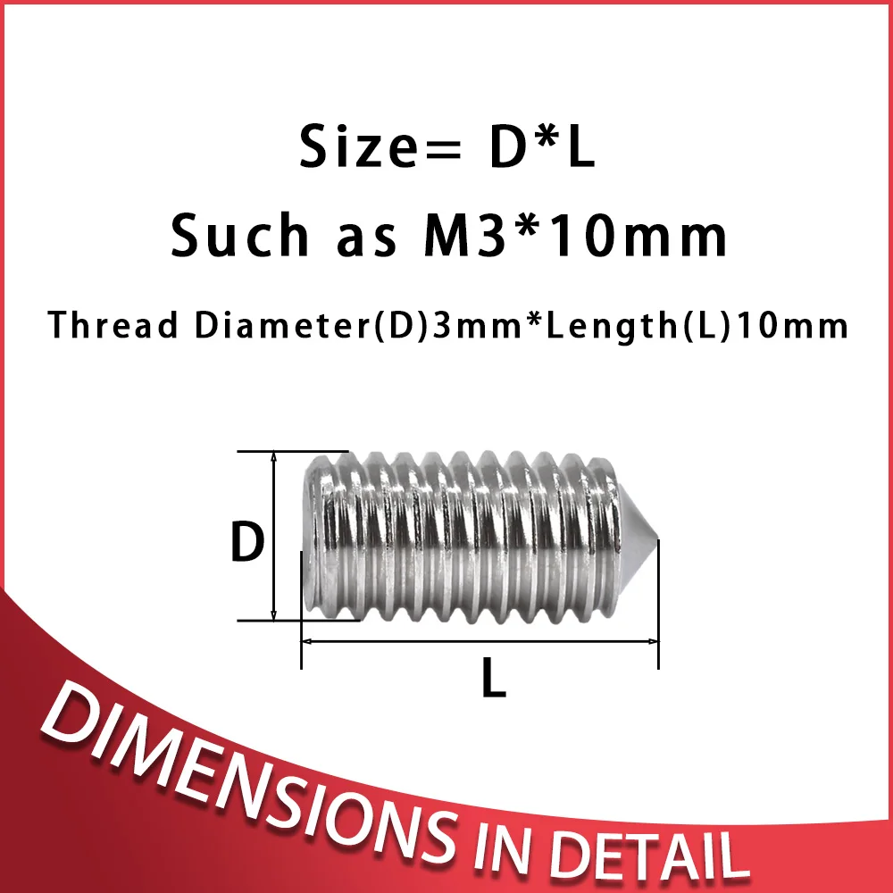 DIN914 Cone Point Grub Screw 304 Stainless Steel Hex Hexagon Socket Allen Set Screws Fix Bolt M2 M2.5 M3 M4 M5 M6 M8 M10 M12