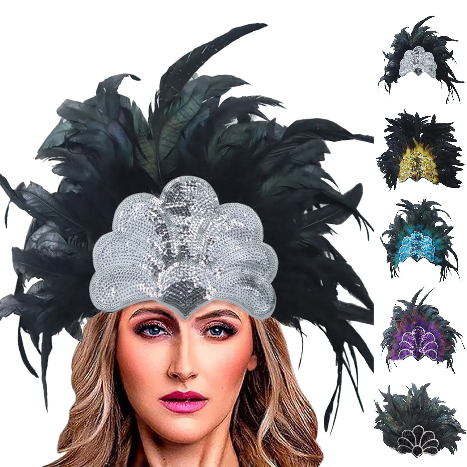 Women Sequins Feather Headpieces 1920s Flapper Headband Hair Bands Party Carnival Costume Headdress Mardi Gras Accessories