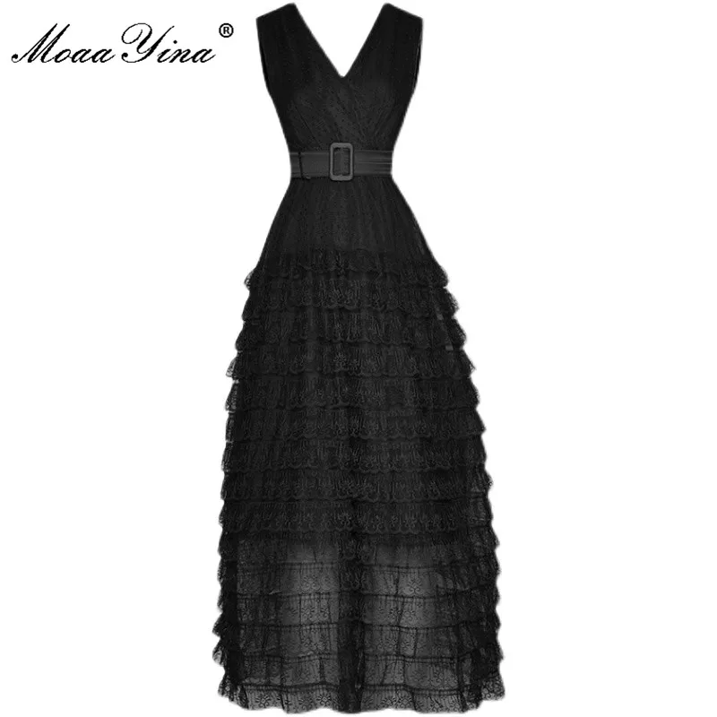 MoaaYina Fashion Designer Women's Summer Party Black Dresses Elegant V-neck Sleeveless Sashes High waist Mesh Midi Cake Dress