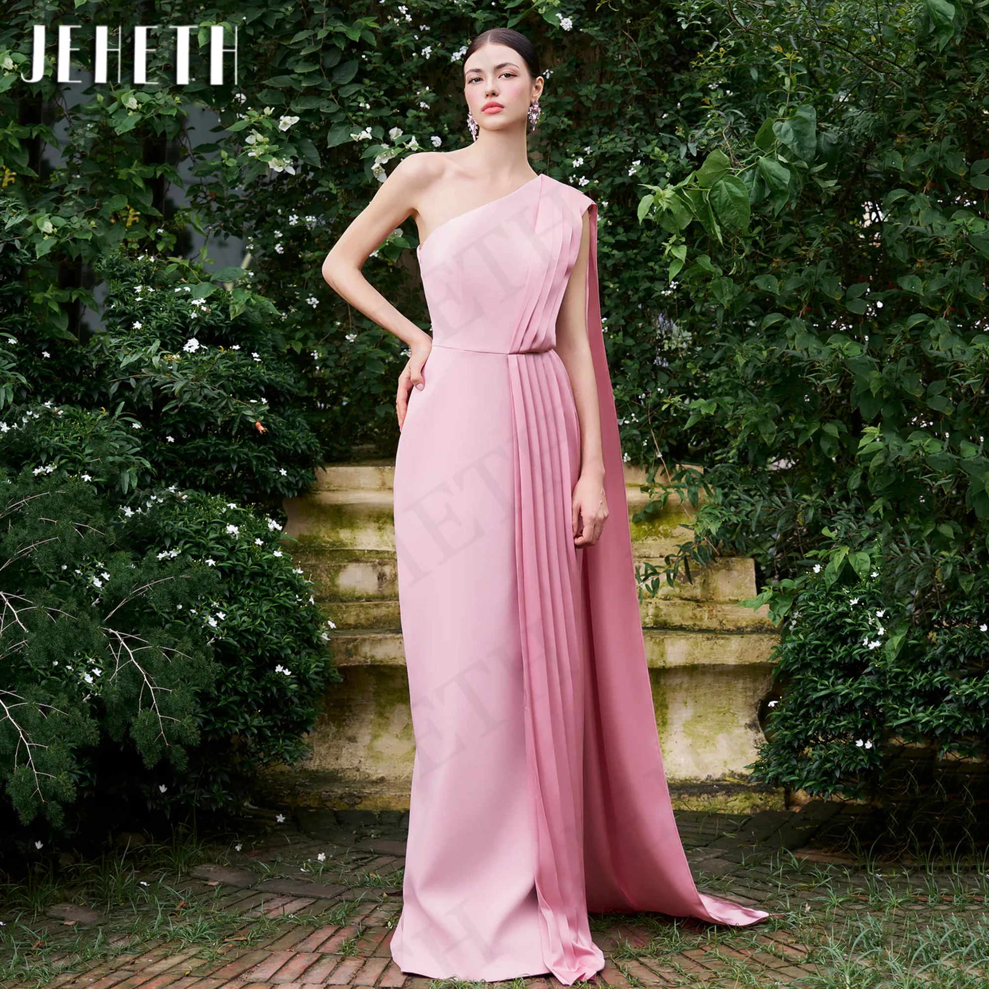 JEHETH Pink Elegant Evening Dresses Mermaid Dubai Arabia One Shoulder Elastic Soft Satin Banquet Party Dress Women فستان سهرة