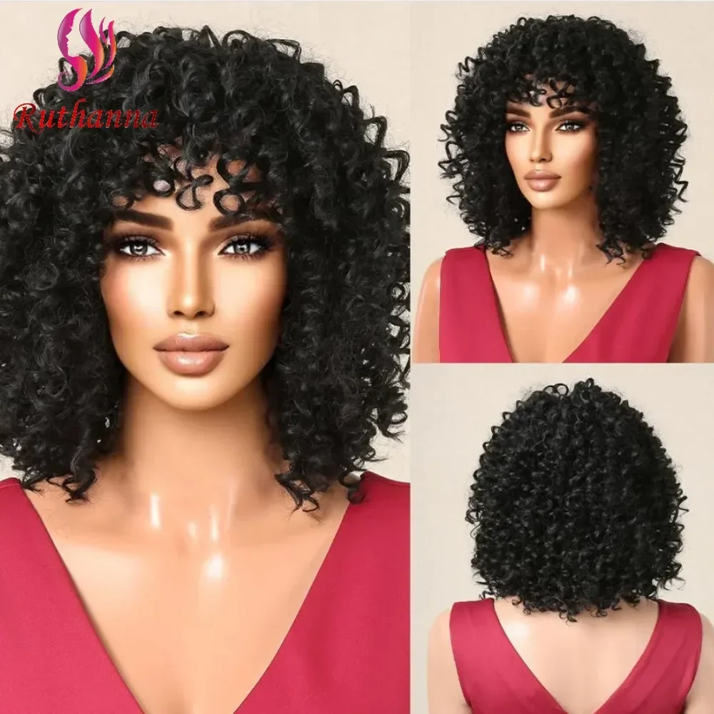 

Fashion Kinky Curly Synthetic Short Curly Wig For Women High Quality With Bangs Heat Resistant Fiber Jerry Curly Wig Daily Use
