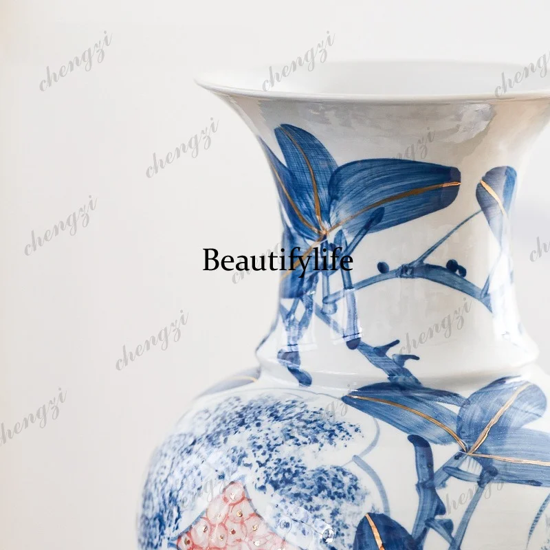 A95 Jingdezhen ceramic vase blue and white porcelain ornament living room large flower ware
