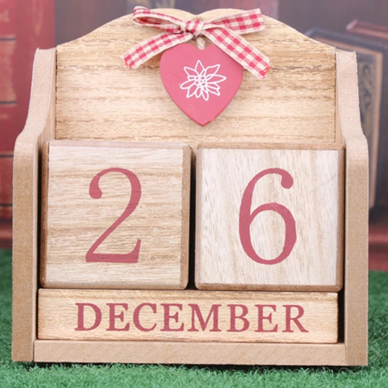 Wooden Building Blocks Home Office Living Room Month Date Display DIY Portable Gift Christmas Decoration