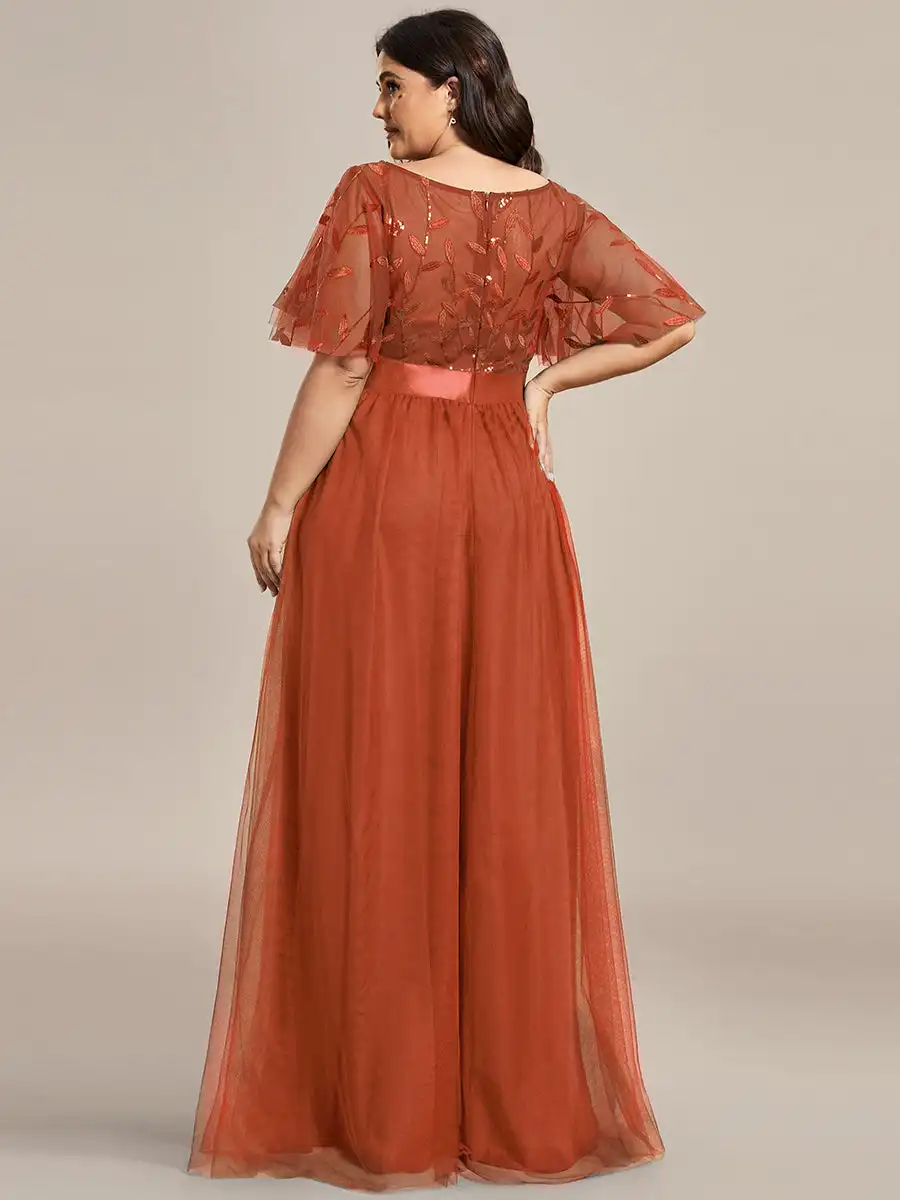 Elegant Evening Dresses Round neck Cap Sleeve Empire waist Floor length 2025 Ever Pretty of Burnt Orange Sequin Bridesmaid dress