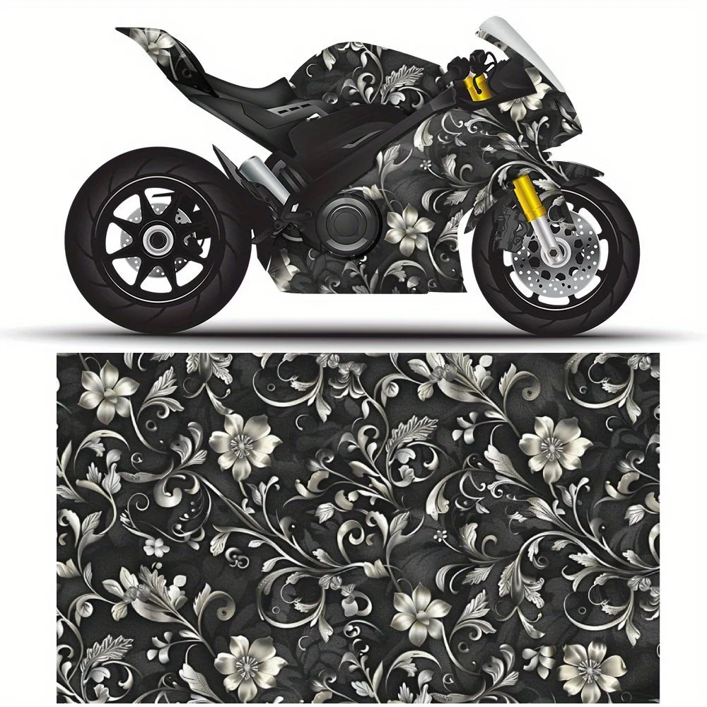 

Silver Floral Elegance PVC Motorcycle Vinyl Wrap, Self-Adhesive Waterproof Sticker, Anti-Scratch Decorative Film for Bike Body,