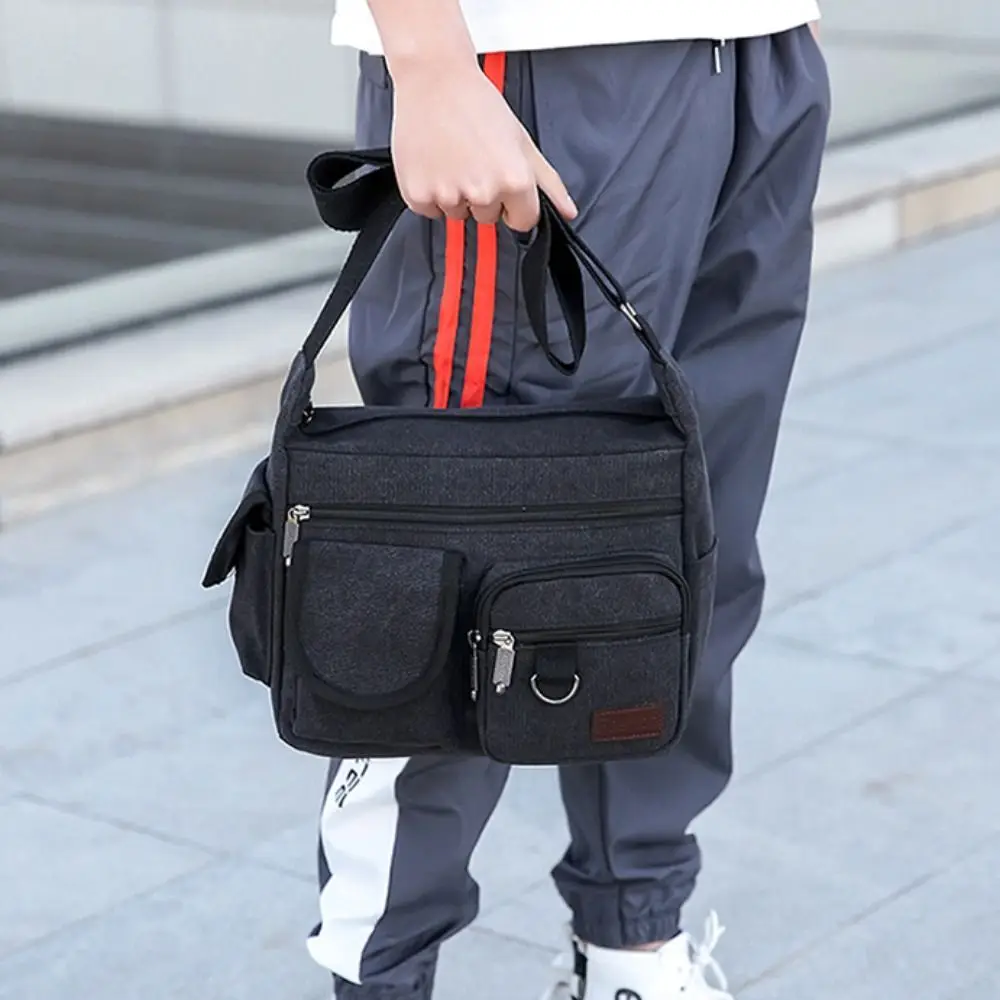 

Korean Style Men Messenger Bags Large Capacity Multifunctional Canvas Crossbody Bag with Pocket Zipper Travel Tool Bag Travel
