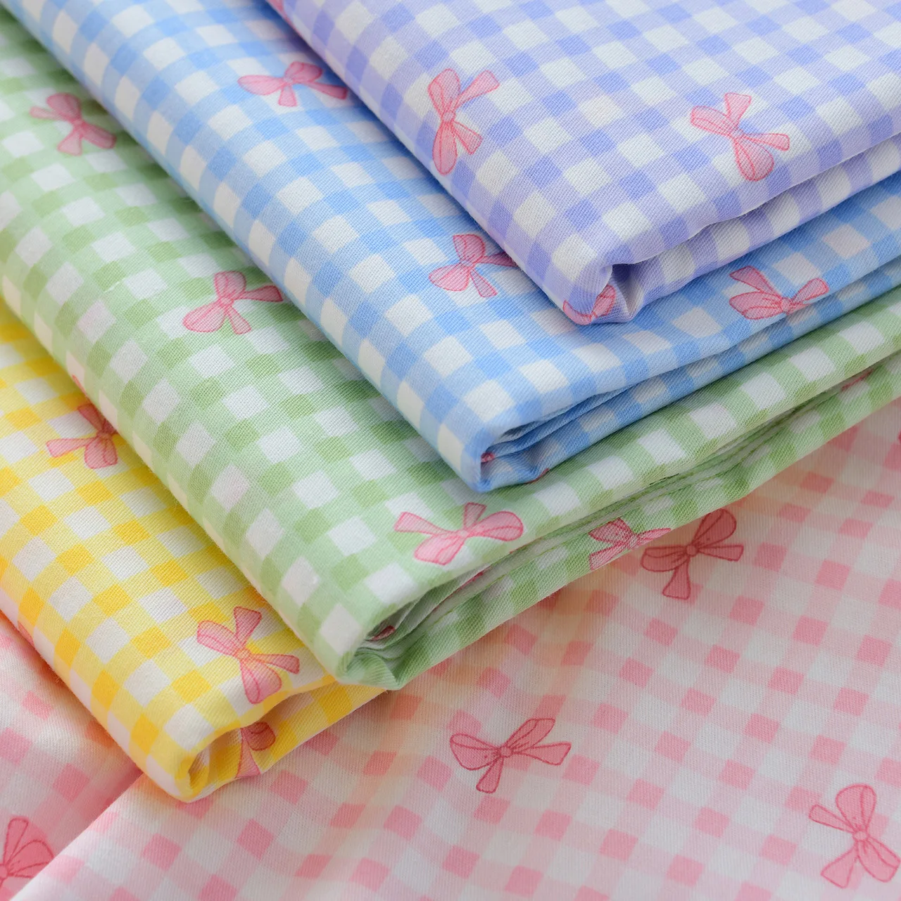 Dopamine Color Plaid Bow Printed 40 Count Cotton Twill Fabric, Soft Cotton Material for Garment Bed Linen DIY Hand‑sewn Projects