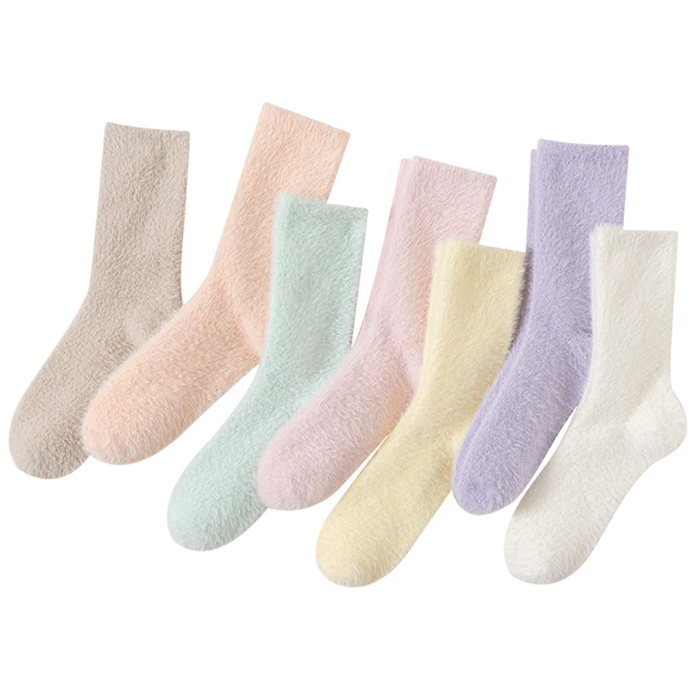 Chaussettes thermiques mi-mollet en peluche pour femmes, document solide, chaussettes mignonnes, chaussettes de sommeil au sol pour femmes, mode automne et hiver, 7 paires