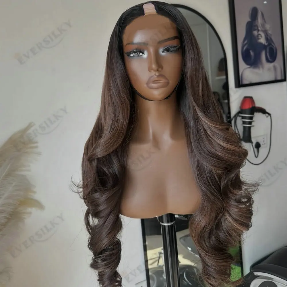 Lange, gewellte U-Part-Perücken in der Größe 1x4 aus Echthaar für schwarze Frauen, klebefrei, verstellbar, V-Part, vollmaschinell gefertigt, natürliches Haar – Detail 3
