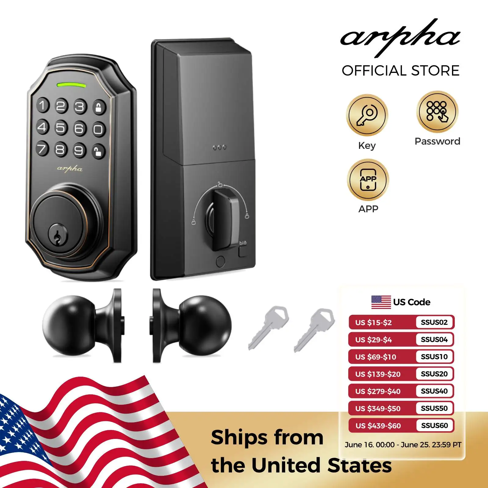 

Arpha Smart Door Lock Keyless Entry Lock 100 Codes Bluetooth Door w/ 2 Door handles Home Security Hotel Electronic Password Lock