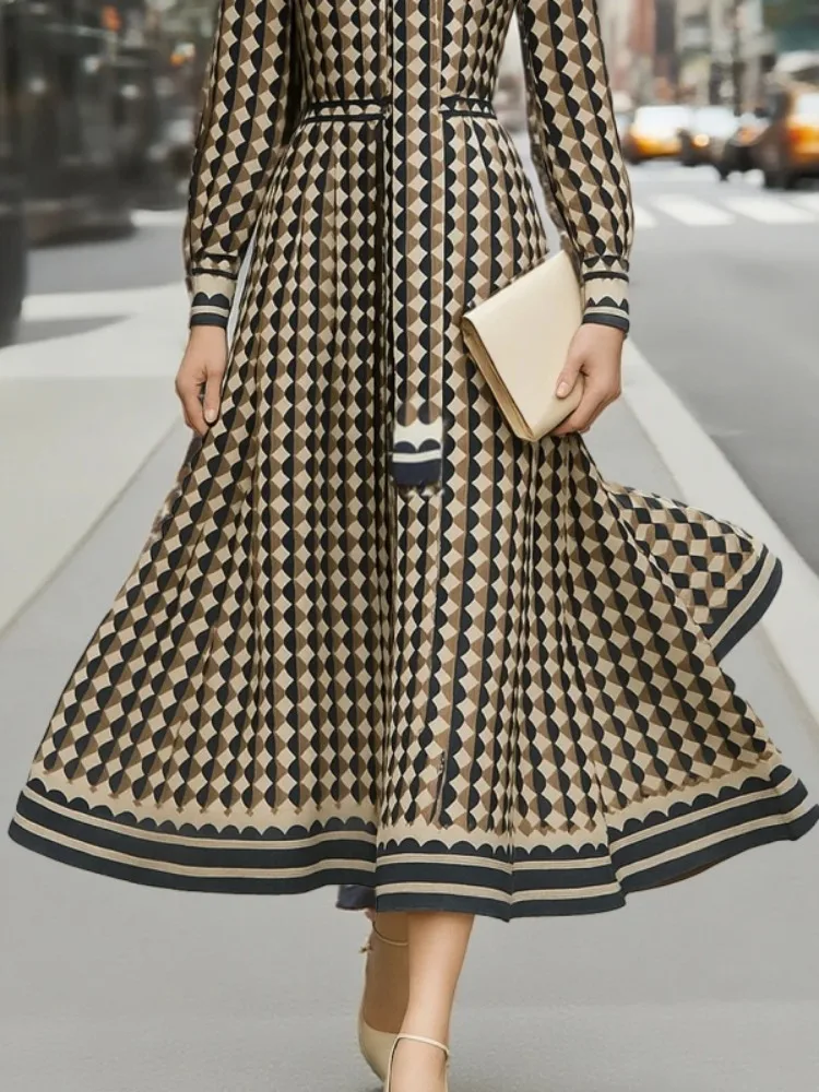 فستان نسائي من Beautyblue بأكمام طويلة وياقة واقفة فساتين ماكسي موضة هندسية المعين فضفاضة أنيقة عالية الخصر رداء نسائي