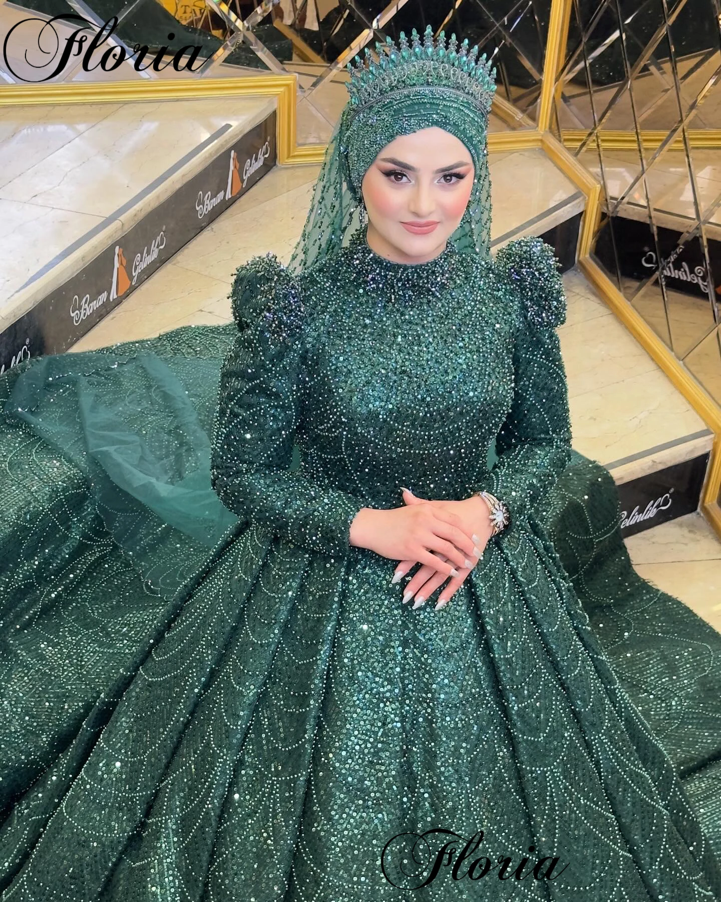 Dark Green Muslim Evening Dresses Beaded Long Sleeves Wedding Party Dresses Formal Occasion Dresses Luxury Robes De Soirée