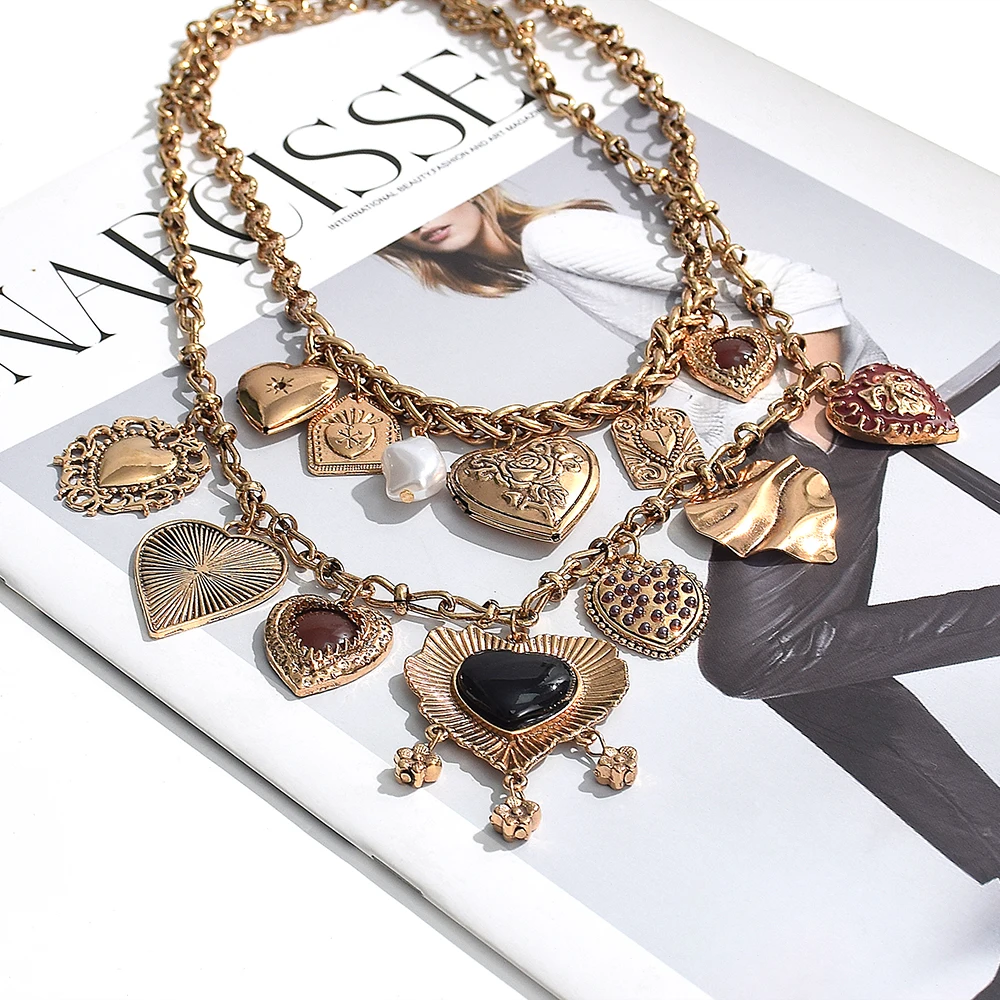 Vintage Metal Kalp Püsküller Gerdanlık Kolye Kadınlar için Abartılı Çift Katmanlı Aşk Kolye Kolye Bildirimi Takı