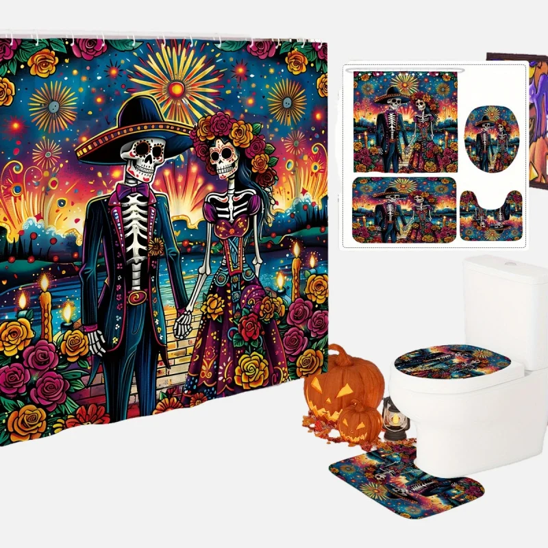 Halloween Day of the Dead Shower Curtain Set - Vibrant Mexican Skeleton Theme, Waterproof, Machine Washable, Non-Slip, U-Shape C