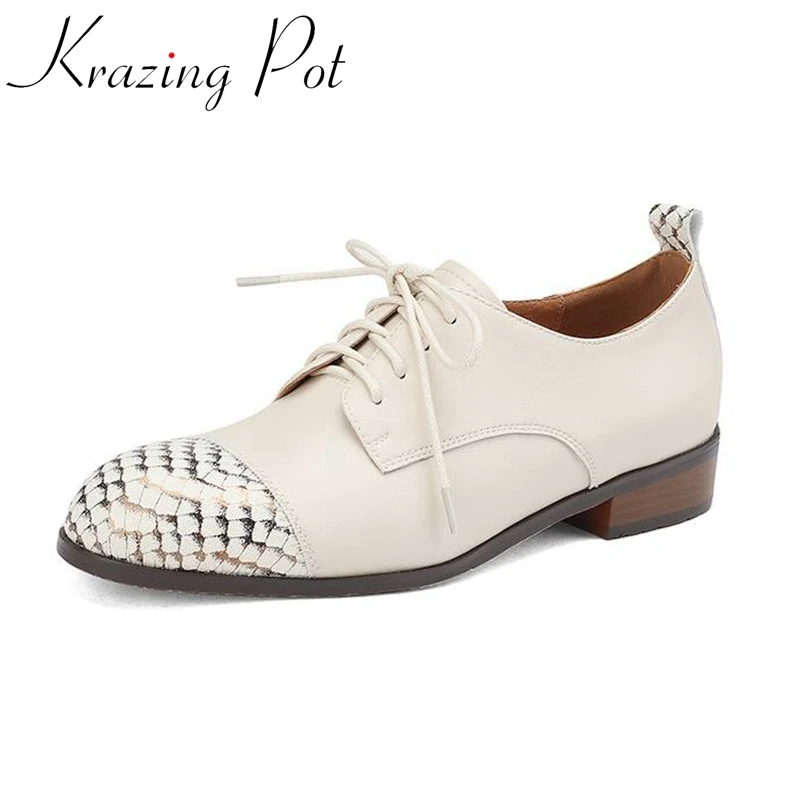 

Krazing Pot, размер 40, осенняя обувь из коровьей кожи с круглым носком на среднем каблуке, шикарные женские туфли-лодочки в английском стиле для отдыха с перекрестной завязкой