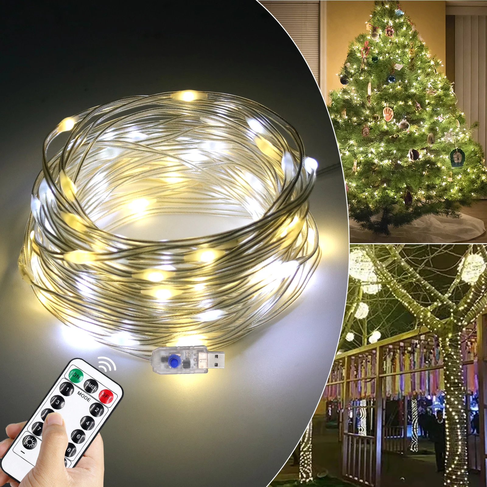 Tira de luces LED para decoración del árbol de Navidad, 10M, 100LED, 5V, USB, 8 modos de iluminación, blanco frío/cálido, con Control remoto