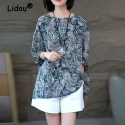 Women's Vintage Print Oversized Blouse Summer Korean Fashion O Neck Half Sleeve Shirt Ladies Irregular Tunic Tops Elegant Blusas