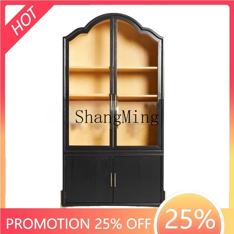 

FG Light Роскошный стиль Книжный шкаф из цельного дерева Современная стеклянная дверь Металлическая ножка Декоративный многослойный шкаф для хранения в гостиной