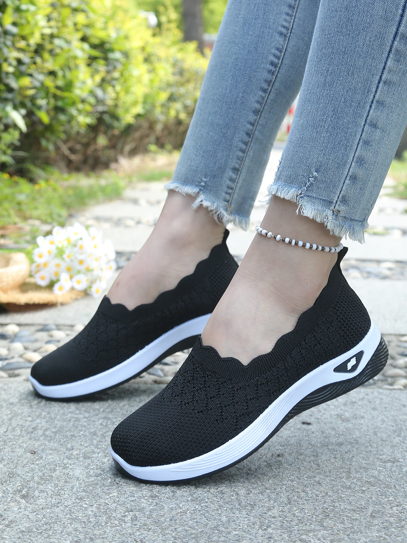 Damen-Slip-On-Freizeitsneaker aus Strick, atmungsaktive, leichte Komfort-Wanderschuhe mit Muschelbesatz, kostenloser Versand – Detail 12