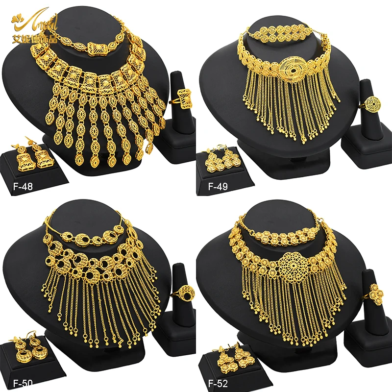 

ANIID Ethiopian Dubai Tassel Gold Color Jewelry Sets For Women Wedding Indian Bridal Necklace And Earring 4Pcs Set Party Gifts