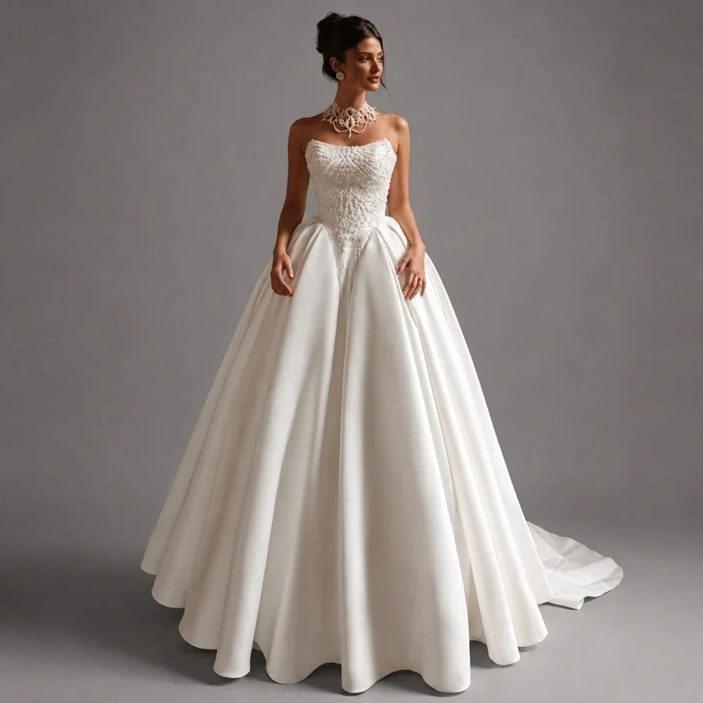 Customized Elegant Wedding Dress Lace Pearl Sleeveless A-LINE Back Zipper Design Court Floor-Length Exquisite Bridal Gowns